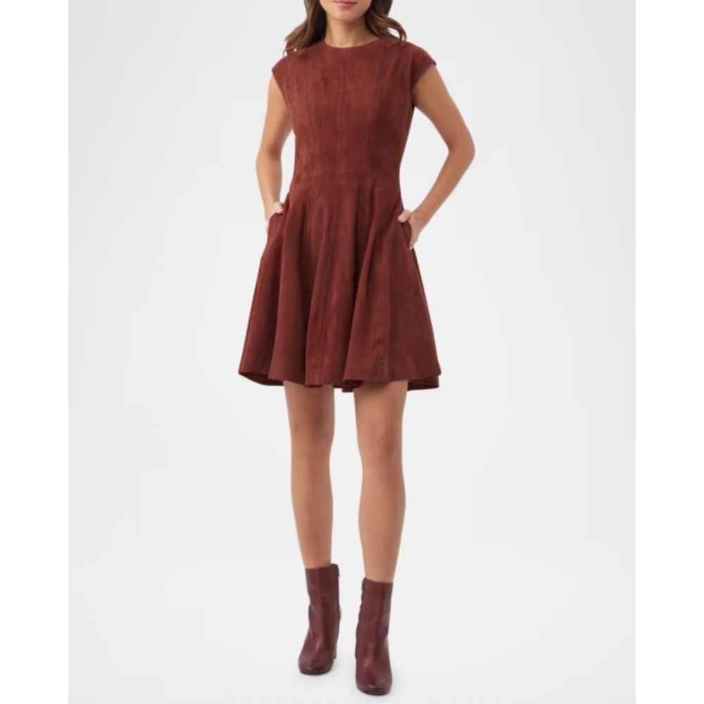 Trina Turk Sabi Cap Sleeve Suede Mini Dress Rust Brown 100% Goat Leather Size 8